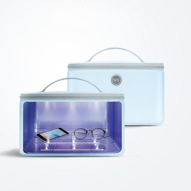 59S UVC LED Sterilizing Bag P55 (Carolina Blue) outer and inner view of sterilizer bag UV light rays